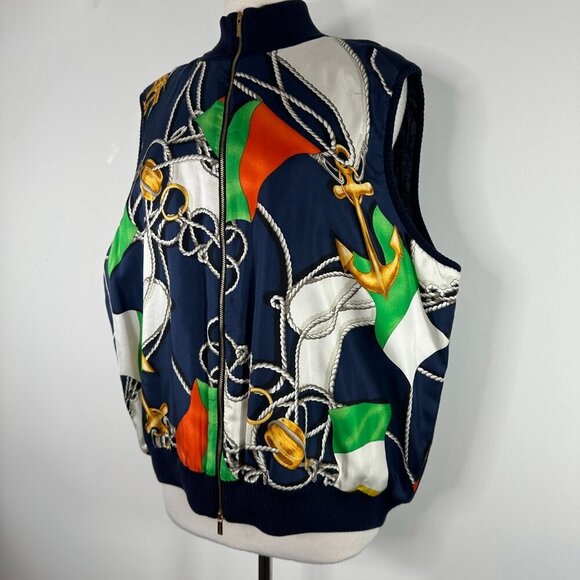 Vintage Lauren Ralph Lauren Silk Equestrian Print Vest Womens 3X Navy Preppy - Picture 2 of 13